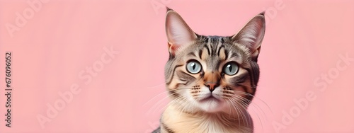 Pixiebob cat on a pastel background. Cat a solid uniform background, for your advertising and design with copy space. Creative animal concept. Looking towards camera.