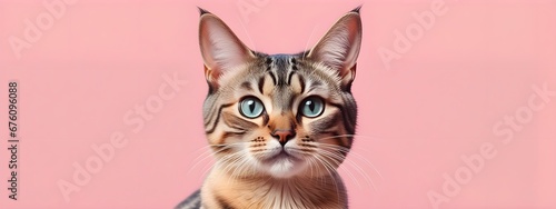 Pixiebob cat on a pastel background. Cat a solid uniform background  for your advertising and design with copy space. Creative animal concept. Looking towards camera.
