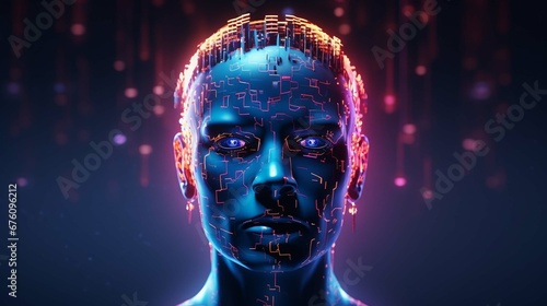 Artificial Intelligence and Virtual Reality concept. 3D human head made of pixels in neon holographic vivid colors on dark background. Vaporwave and Synthwave style illustration. photography ::10 , 8k