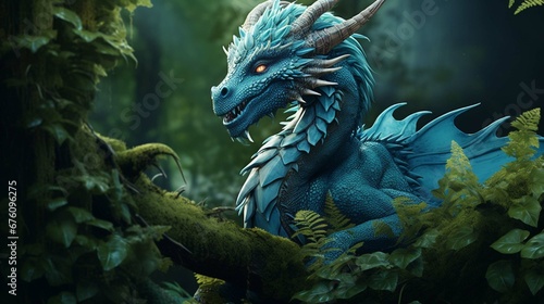 Blue ancient forest dragon sitting on top of a lush green forest. Postproducted generative AI. digital illustration photography ::10 , 8k, 8k render ::3 