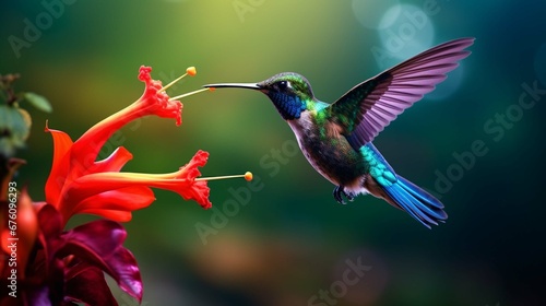 Blue hummingbird Violet Sabrewing flying next to beautiful red flower. Tinny bird fly in jungle. Wildlife in tropic Costa Rica. Two bird sucking nectar from bloom in the forest. Bird behaviour photogr photo