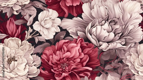  a close up of a bunch of flowers with red and white flowers in the middle of the picture and a black background.  generative ai