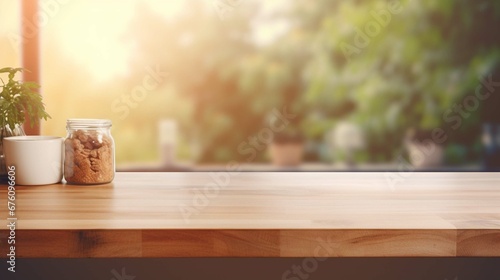 Wooden texture table top on blurred kitchen window background. For product display or design key visual layout. For showcase or montage your items (or foods). Product display mock up. photography ::10