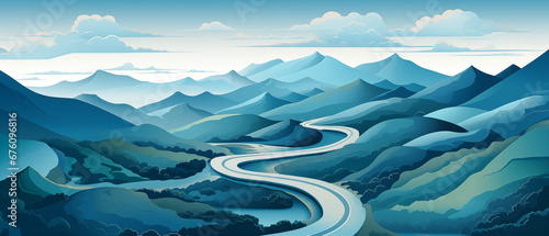 Infographic of a winding road through the mountains. business concept of milestones, roadmap and direction. blue and turquoise color scheme.
