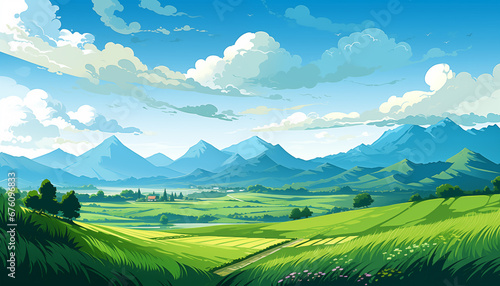 Proverb grass is greener on the other side. Editorial illustration of lush farm fields and mountains. Friendly blue and green color scheme. Business concept of challenge and decision making. 
