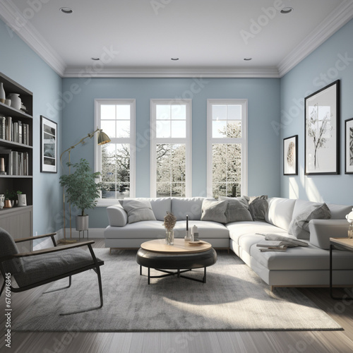 a living room with muted blue walls, gray wood panel floors, viewed from the 1st person perspective with 3 walls in frame, the right wall contains two windows with curtains,and a fireplace © Kholoud