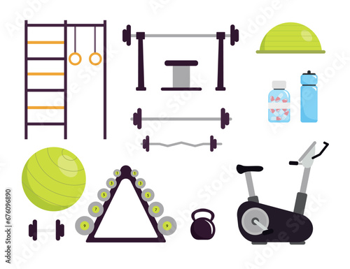 Set of sports equipment in cartoon style. Vector illustration of different sports objects in gyms, for fitness: horizontal bars, Swedish wall, dumbbells, ball, exercise bike, kettlebell, water bottle.