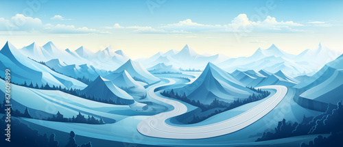Infographic of a winding road through the mountains. business concept of milestones, roadmap and direction. blue and turquoise color scheme.