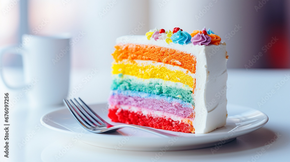 a piece of rainbow cake on a plate. birthday.Generative AI a piece of rainbow cake on a plate. birthday.Generative AI