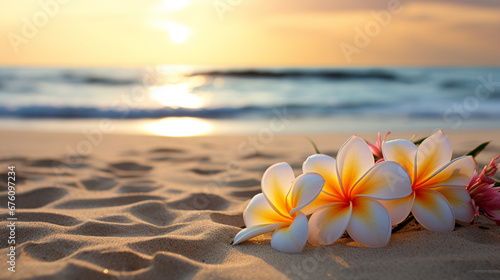 plumeria on a sandy beach, summer concept. sea, ocean.Generative AI photo