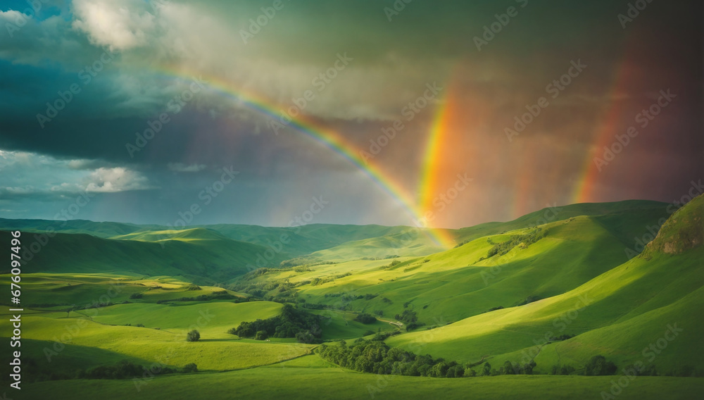 Obraz premium Breathtaking and surreal rainbow over a lush green valley - AI Generative