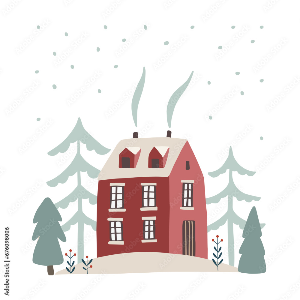 Cute hand drawn Christmas House with doors, window and chimney. Scandinavian red wooden building illustration. Roof, falling snow and trees. Isolated vector flat clipart. Traditional winter icon