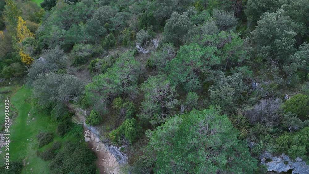 Landscape of rocks and forests in San Martín de Valparaiso. Aerial view from a drone. Town of Villanueva de Valdegovía. Valdegovia Valley. Alava. Basque Country. Spain. Europe Landscape of rocks and forests in San Martín de Valparaiso. Aerial view from a drone. Town of Villanueva de Valdegovía. Valdegovia Valley. Alava. Basque Country. Spain. Europe
