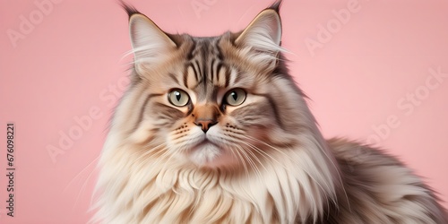 Siberian cat on a pastel background. Cat a solid uniform background, for your advertising and design with copy space. Creative animal concept. Looking towards camera. © 360VP