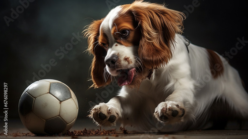 A playful happy dog is playing, running and carrying a ball.Generative AI photo
