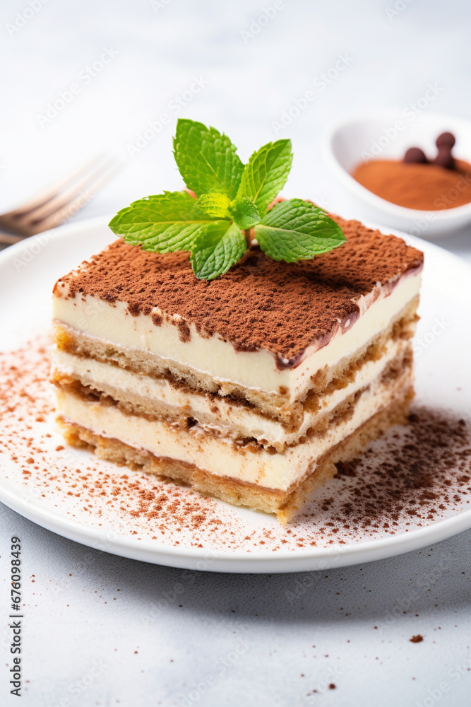 Tiramisu dessert on a white background.Generative AI Tiramisu dessert on a white background.Generative AI