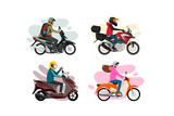 Illustration of people riding motorcycle and scooter in flat and colorful shapes.