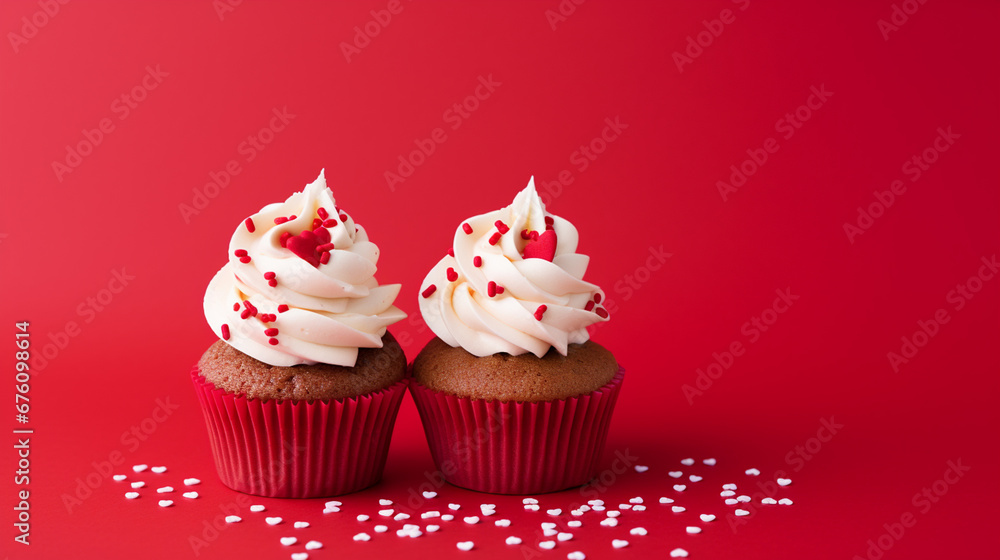 Delicious red velvet cupcake on a red background.Generative AI Delicious red velvet cupcake on a red background.Generative AI