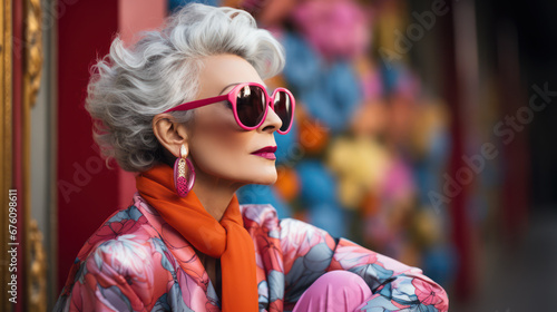 Stylish elder Caucasian woman wearing sunglasses with copy space