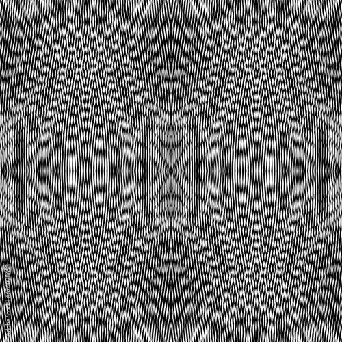 Vector geometric psychedelic mesh background with optical illusion, wavy lines and grid moire effect. Meditative monochrome background saver of stripes and rounded shapes in black and white.