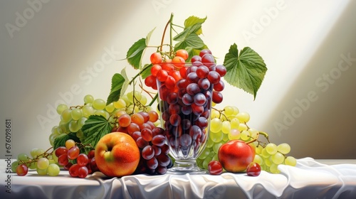  a painting of grapes  apples  oranges  and grapes in a glass vase on a white table cloth.  generative ai