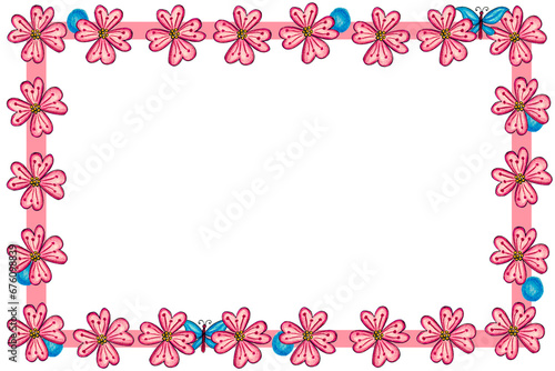 Pink flowers frame on a white background