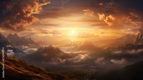  a painting of a sunset over a mountain range with clouds in the foreground and a setting sun in the background.  generative ai