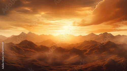  a computer generated image of a mountain range with the sun setting in the distance and clouds in the foreground.  generative ai © Olga