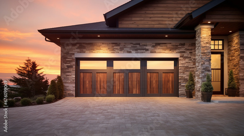 Beautiful Luxury Home Exterior Detail at Sunset. Generative Ai