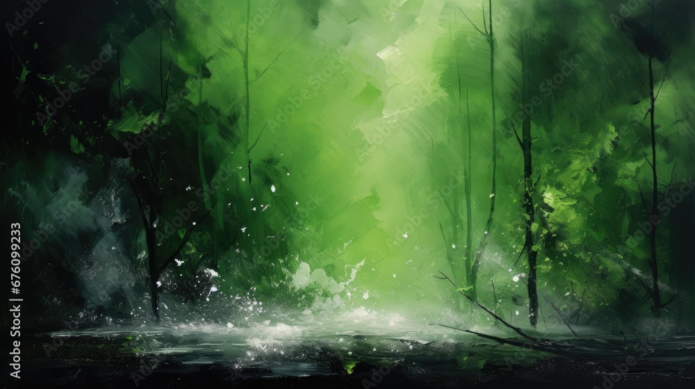 a painting of a green forest with a stream of water in the foreground and trees on the far side of the painting.  generative ai