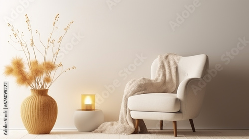 Boho composition a living room interior with white boucle armchair. Generative Ai