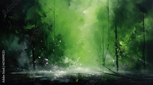  a painting of a green forest with a stream of water in the foreground and trees on the far side of the painting. generative ai