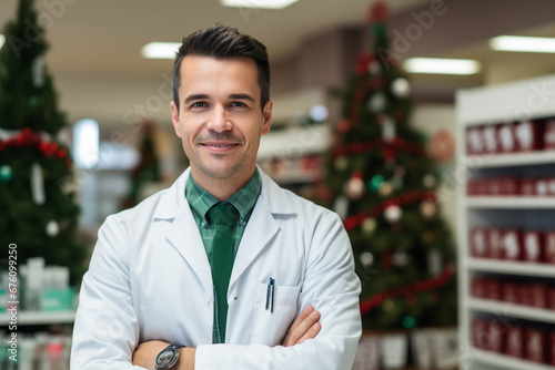 Young adult male professional pharmacist red shirt standing in pharmacy shop or drugstore with medicines shelf. Health care celebrating New Year Christmas Santa holiday concept photo