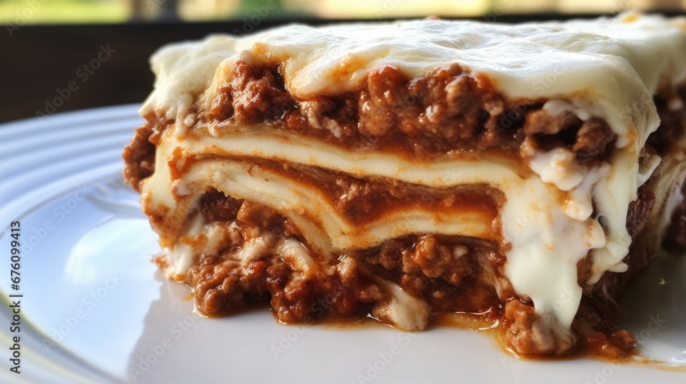 a close up of a piece of lasagna on a plate with sauce and cheese on top of it. generative ai a close up of a piece of lasagna on a plate with sauce and cheese on top of it. generative ai