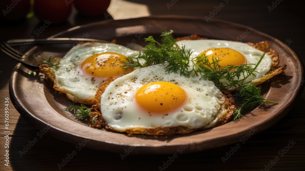two fried eggs on toast with dill sprigs on a plate with a fork and a glass of water. generative ai two fried eggs on toast with dill sprigs on a plate with a fork and a glass of water. generative ai