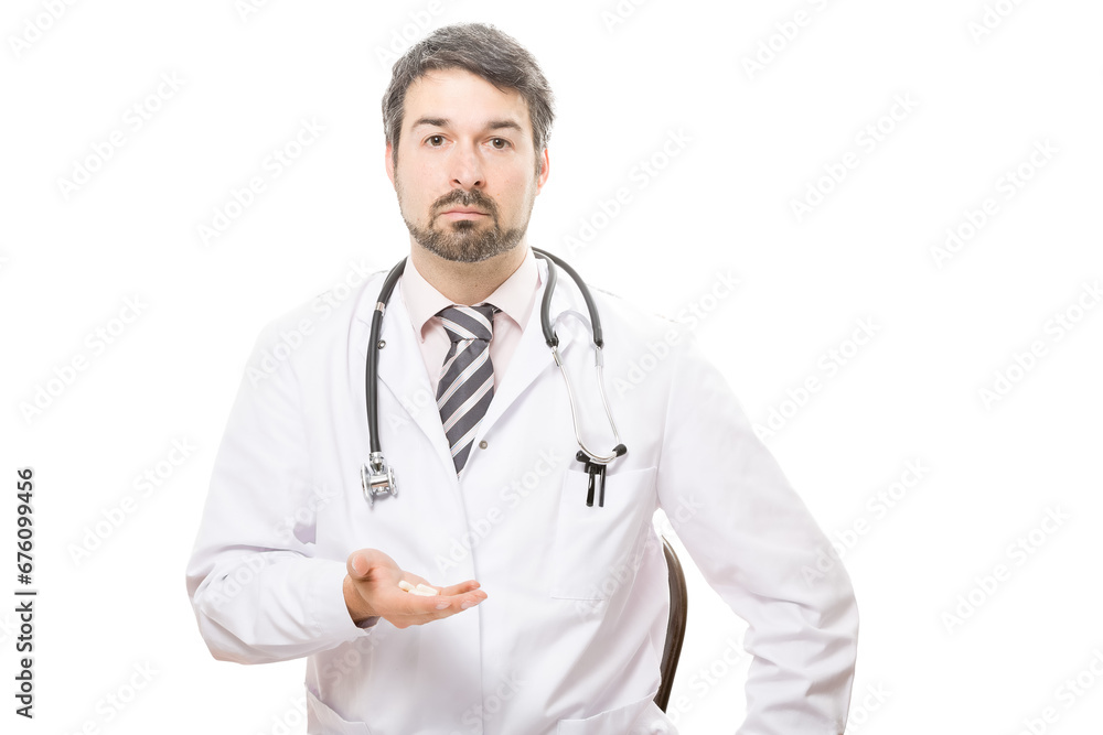 doctor with stethoscope warns against misuse of tablets, which can lead to tablet addiction isolated against transparent background doctor with stethoscope warns against misuse of tablets, which can lead to tablet addiction isolated against transparent background
