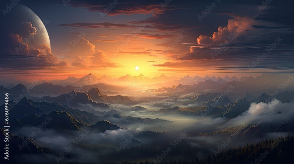  a painting of a sunset over a mountain range with clouds and mountains in the foreground and the sun in the distance.  generative ai