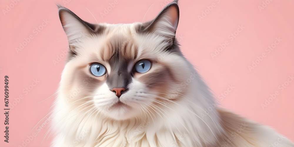 Snow-shoe cat on a pastel background. Cat a solid uniform background, for your advertising and design with copy space. Creative animal concept. Looking towards camera.