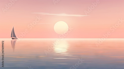  a painting of a sailboat in the ocean at sunset with the sun in the sky and the water reflecting off of the water.  generative ai