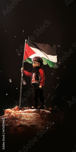 illustration of small kid holds a Palestinian flag photo