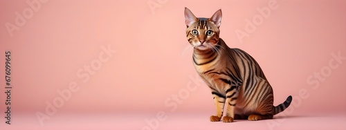 Toyger cat on a pastel background. Cat a solid uniform background  for your advertising and design with copy space. Creative animal concept. Looking towards camera.
