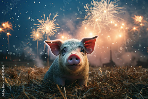 Ferkel sitzt im Stroh mit Silvesterfeuerwerk im Hintergrund. Nahaufnahme - Schweinemotiv erzeugt mit Generative AI.