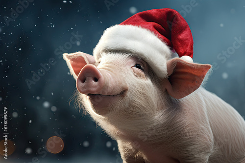Niedliches Ferkel mit Santa Claus Mütze im festlich - weihnachtlichem Ambiente.. Schweinemotiv erzeugt mit Generative AI.