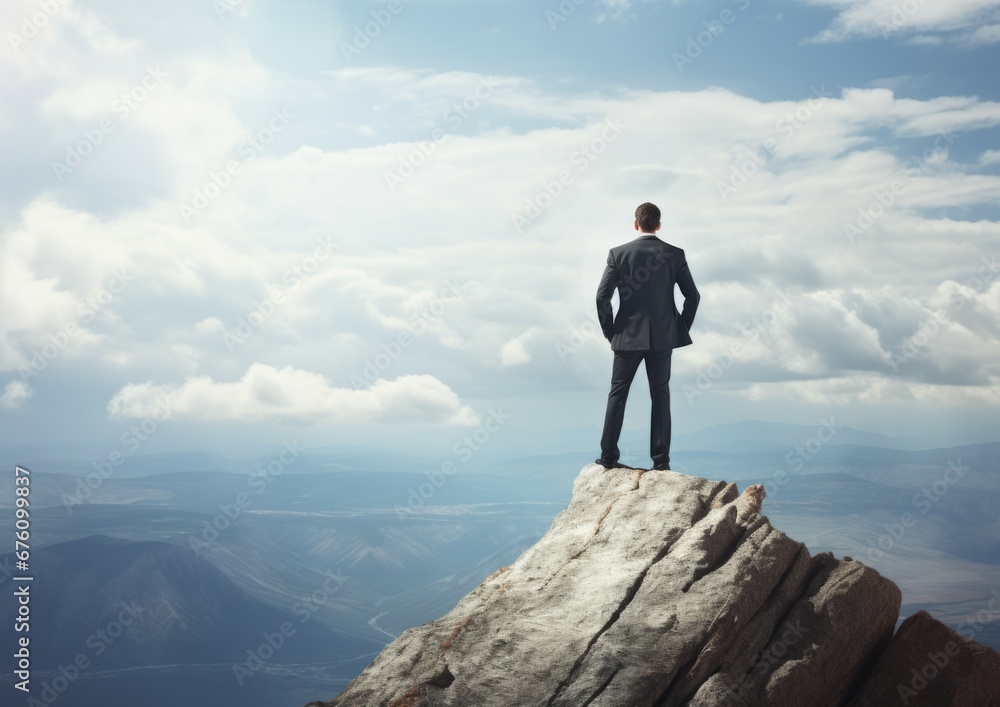 Business man standing on the top of the mountain looking at the around with clear sky. Business creative success concept