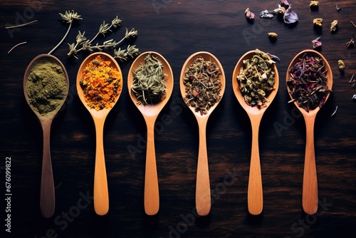 herbal teas in wooden spoons on a dark brown background, spoons with spices