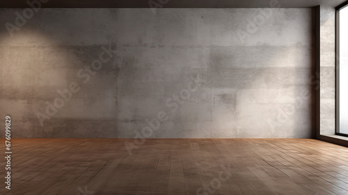 Empty room with stone wall and wooden floor. Concrete wall with wooden floor and large window.