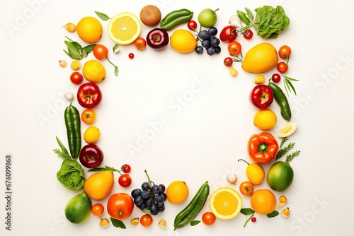  fruit and vegetables in the shape of a square with a white background.