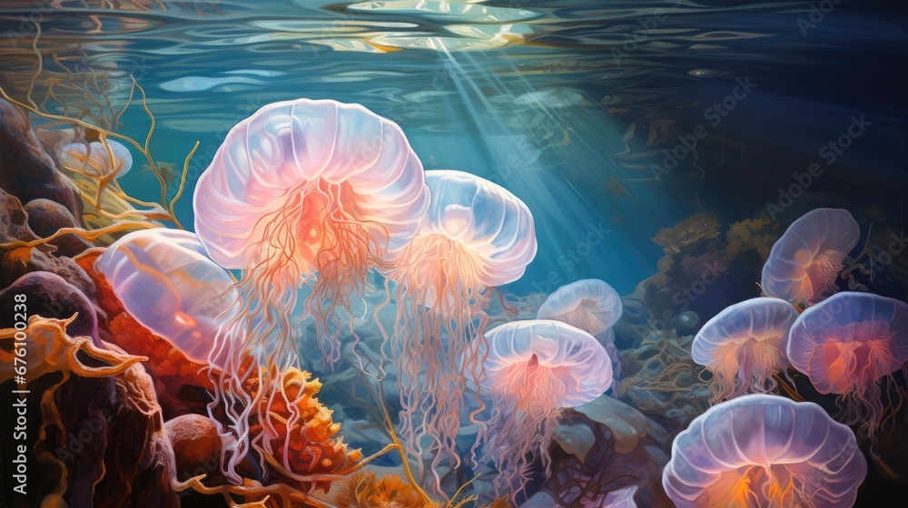 Obraz premium a painting of a group of jellyfish swimming in the ocean with sunlight shining through the water's bubbles. generative ai