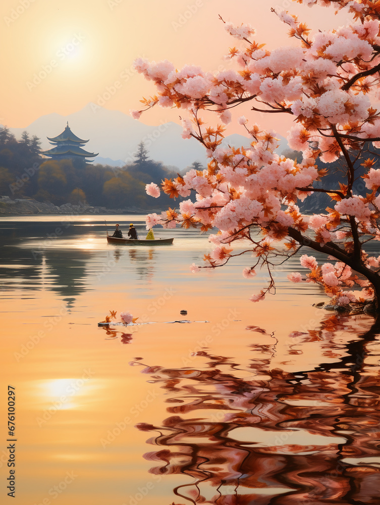 water scene with a boat on the lake and cherry blossoms blooming. AI generative