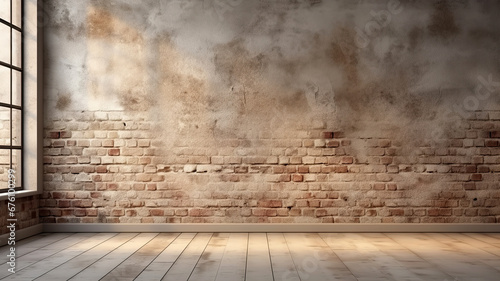 Brick loft wall background grey floor and light from window. Empty room with brick wall and wooden floor. Window light. Interior with red brick wall.